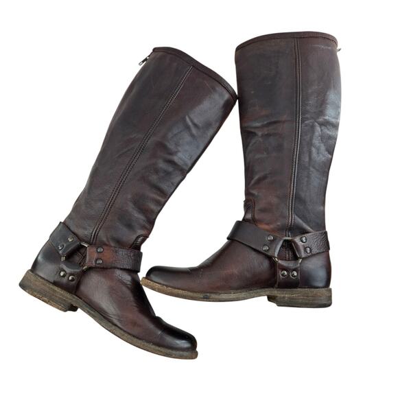 Frye Riding Boots Women 5.5 Phillip Back Zip Brown Leather Extended Calf Harness - Picture 1 of 12